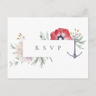 Cartão Postal De Convite Elegante Âncora Floral Casamento RSVP Pedido de Mú
