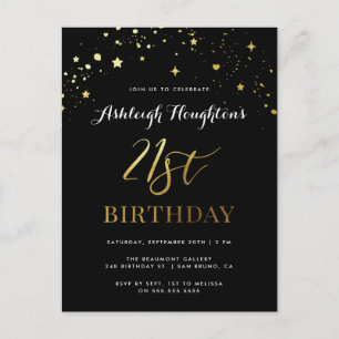 Cartão Postal De Convite Elegante aniversário de 21 anos de Confetti Preto
