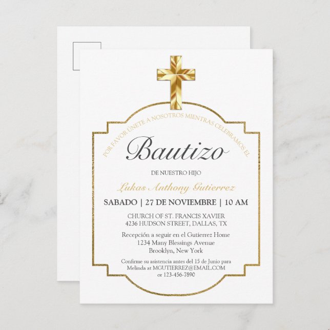 Cartão Postal De Convite Elegante Bautismo de Niños Con Cruz Dorada (Frente/Verso)