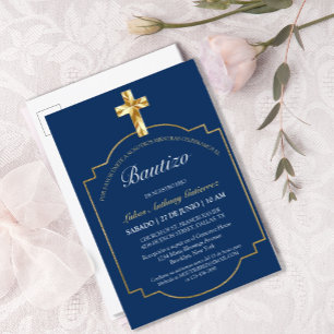Cartão Postal De Convite Elegante Bautismo de Niños Con Cruz Dorada Azul