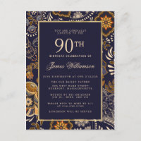Elegante Blue e Dourado Patterno 90 de Aniversário