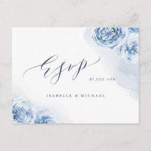 Cartão Postal De Convite Elegante caligrafia azul empoeirado RSVP floral