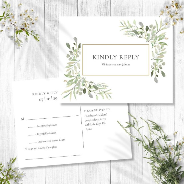 Cartão Postal De Convite Elegante Casamento de Aguarela Verde RSVP (Elegant Watercolor Greenery Wedding RSVP Invitation Postcard)