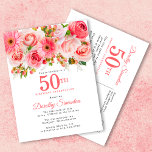Cartão Postal De Convite Elegante cor-de-rosa Floral 50º Aniversário<br><div class="desc">Rosas, peonias e margaridas criam o design floral rosa-rosa bonito de verão. Os botões e a folhagem adicionam uma vibração rústica. O 50º está escrito em um grande texto em negrito. Pode ser mudado para qualquer ano que você quiser. O nome do celebrante de aniversário é escrito em uma fonte...</div>