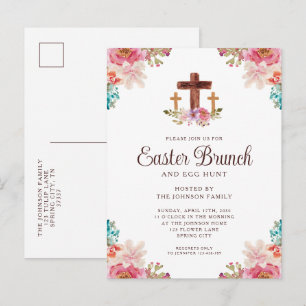 Cartão Postal De Convite Elegante Cruz Floral Páscoa Brunch