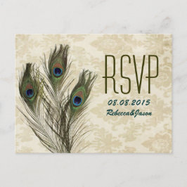 Cartão Postal De Convite elegante damasco vintage de pavão casamento RSVP
