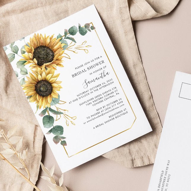 Cartão Postal De Convite Elegante Eucalyptus Sunflower Chá de panela (Sunflower Floral Eucalyptus Geometric Bridal Shower Invitation Postcard)