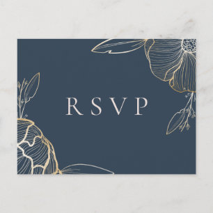 Cartão Postal De Convite Elegante Floral Botânico Dourado RSVP de Casamento