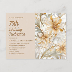 Cartão Postal De Convite Elegante Floral em Aquarela Neutra para 75º Aniver
