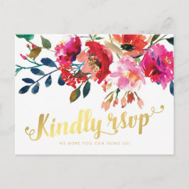 Cartão Postal De Convite Elegante Floral Floral Watercolor Branca, Dourado