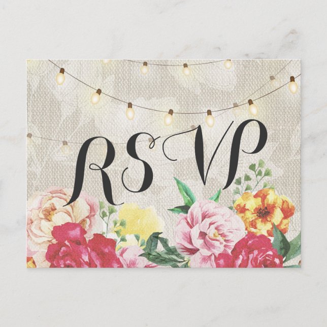 Cartão Postal De Convite Elegante Floral String Lights Linen Wedding RSVP (Frente)