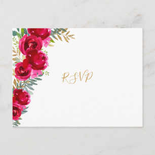 Cartão Postal De Convite Elegante fuchsia floral dourada RSVP + entradas de
