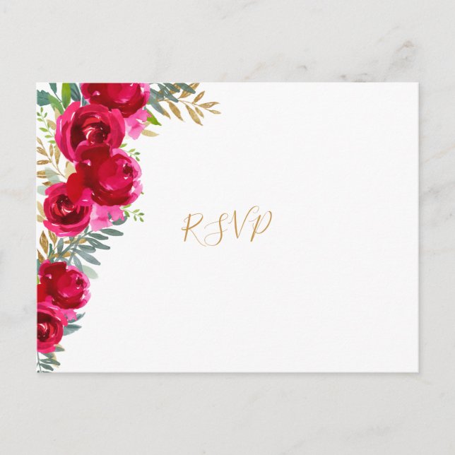 Cartão Postal De Convite Elegante fucsia floral dourado casamento rsvp + co (Frente)