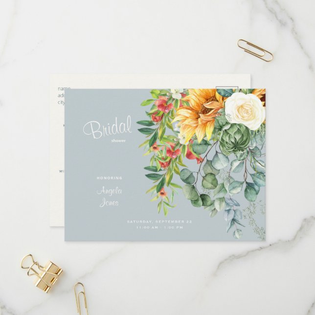 Cartão Postal De Convite Elegante Girassol Chá de panela Azul Dusty Tuscan (Frente/Verso In Situ)