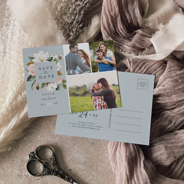 Cartão Postal De Convite Elegante Magnolia | Cinza azul 3 Foto para salvar  (Criador carregado)