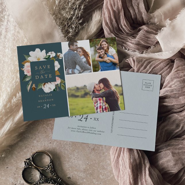 Cartão Postal De Convite Elegante Magnolia | Teal 3 Foto para salvar data (Criador carregado)