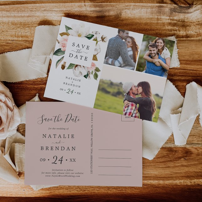 Cartão Postal De Convite Elegante Magnolia | White 3 Foto para salvar a dat (Criador carregado)