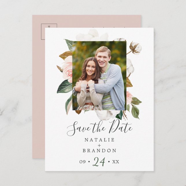 Cartão Postal De Convite Elegante Magnolia | White Photo Save the Date (Frente/Verso)