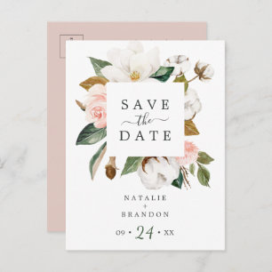 Cartão Postal De Convite Elegante Magnolia   White Save the Date Postcard