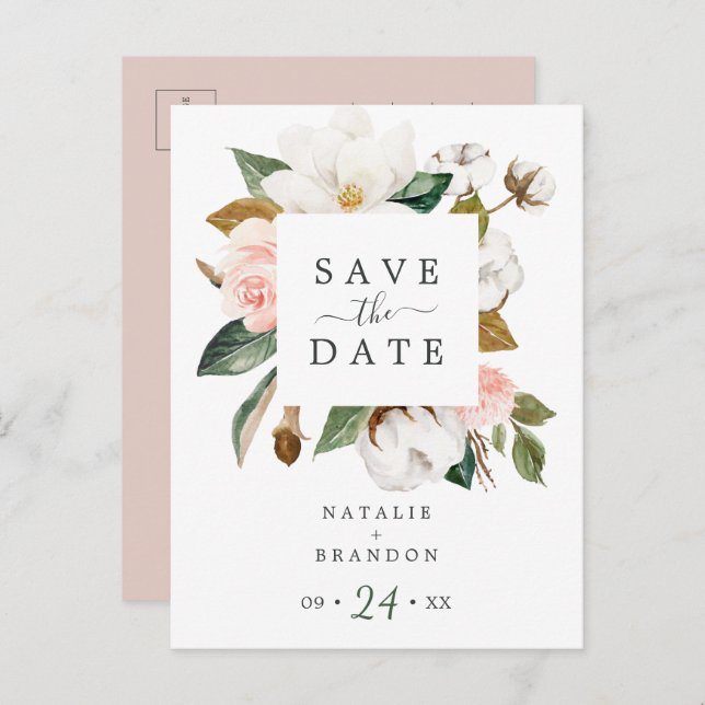 Cartão Postal De Convite Elegante Magnolia | White Save the Date Postcard (Frente/Verso)