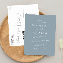 Cartão Postal De Convite Elegante Moderno Código QR Casamento Azul Empoeira