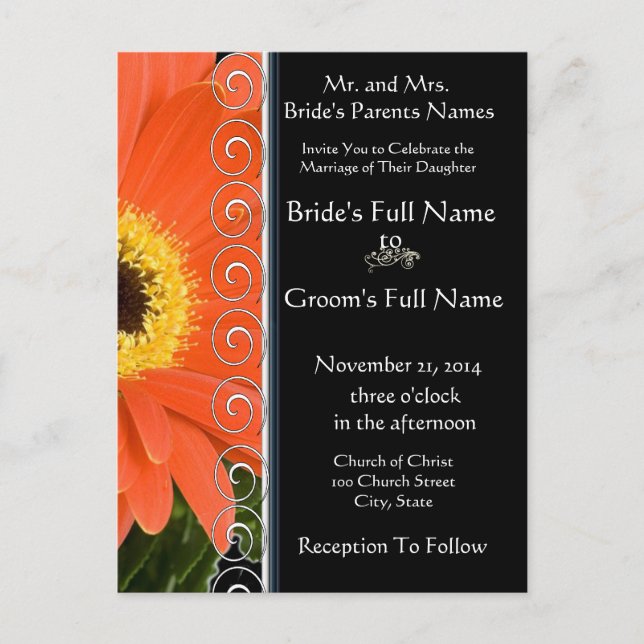 Cartão Postal De Convite Elegante Orange Gerber Daisy Weding Invitation (Frente)