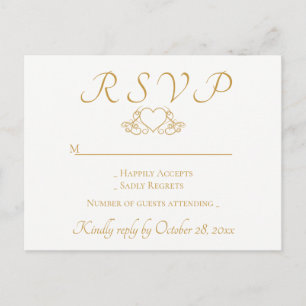 Cartão Postal De Convite Elegante Ouro & Branco RSVP Coração Festa de Casam