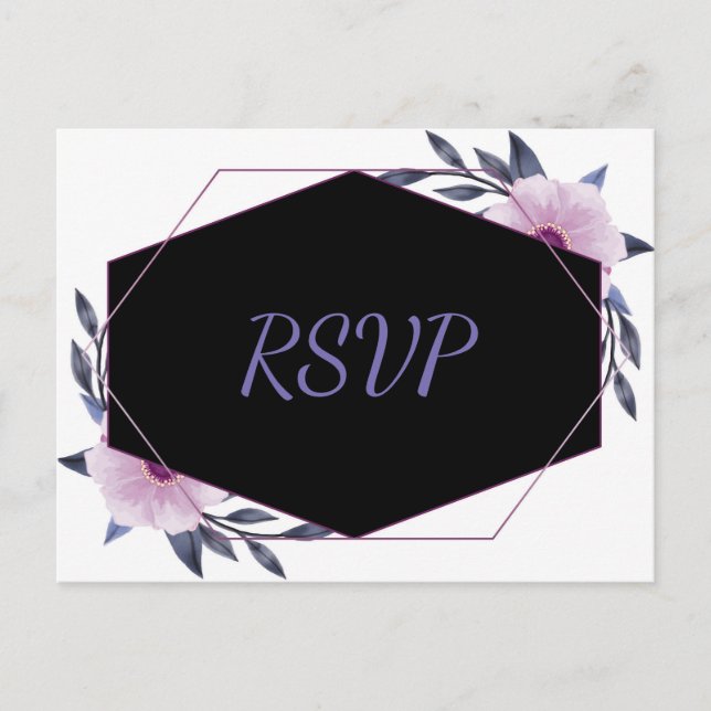Cartão Postal De Convite Elegante Quadro geométrico rsvp floral roxo (Frente)