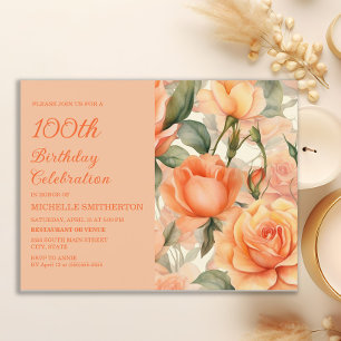 Cartão Postal De Convite Elegante Rosa Laranja Floral Rosas 100º Aniversári