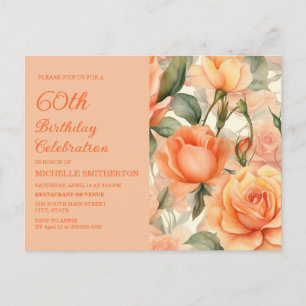 Cartão Postal De Convite Elegante Rosa Laranja Floral Rosas Aniversário de