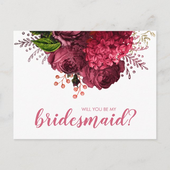 Cartão Postal De Convite Elegante rosa ouro floral, você será minha dama de (Frente)
