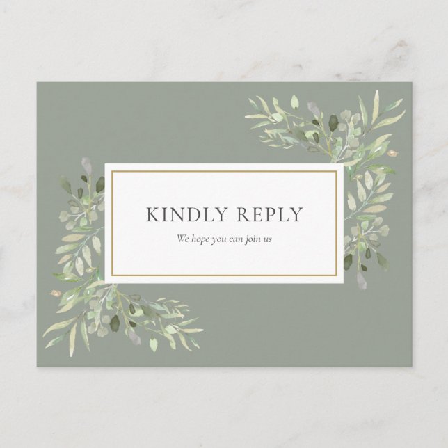 Cartão Postal De Convite Elegante Sage Green Greenery Wedding RSVP (Frente)