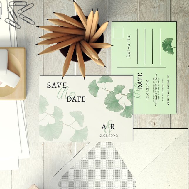 Cartão Postal De Convite Elegante Verde Poeirento Ginkgo Floral Salvar a Da (Criador carregado)
