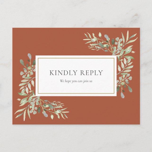 Cartão Postal De Convite Elegante Verde Terracota RSVP de Casamento (Frente)