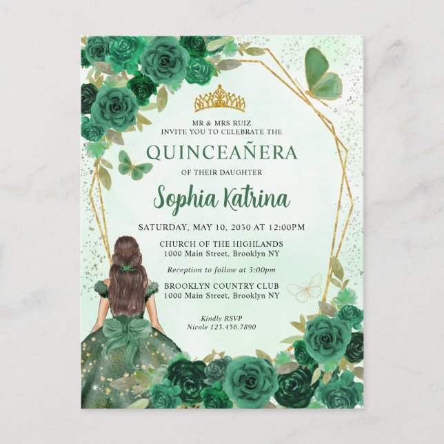 Cartão Postal De Convite Emerald Green Dourada Princesa Floral Quinceañera (Frente)