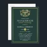 Cartão Postal De Convite Emerald Green e Dourada Mascarada Doce 16 Festa<br><div class="desc">Emerald Green & Dourado Mascarada Doce 16 Cartões-postais. Apresentando uma máscara de folha de ouro falsa no topo contra um fundo verde esmeralda. Perfeito para uma festa de aniversário 16 moderna,  mas elegante!</div>