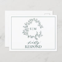 Emerald Green Leafy Crest Monograma Wedding RSVP