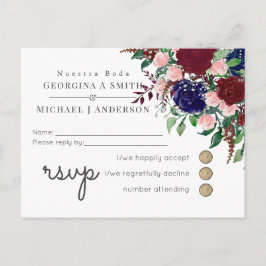 Cartão Postal De Convite Encantador Casamento Azul Marinha Marsala Rosa