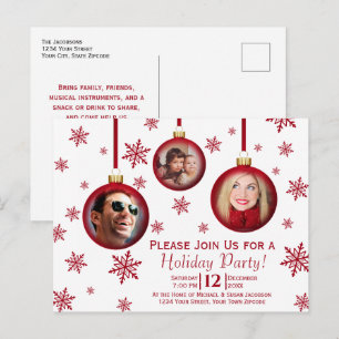 Cartão Postal De Convite Enfeites Vermelhos Divertidos de Natal 3 Fotos Fes