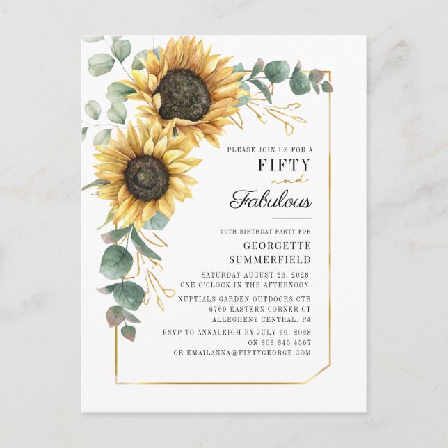 Cartão Postal De Convite Equalyptus 50th Fabuloso Sunflower Floral Birthday (Frente)