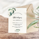 Cartão Postal De Convite Escrita branca verde de aniversário elegante simpl<br><div class="desc">Frente: um fundo branco-na moda decorado com folhas simples de ginkgo ouro. Personalize e adicione seu nome e detalhes da festa.</div>