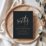 Cartão Postal De Convite Escrito simples de na moda elegante do aniversário<br><div class="desc">Simples na moda de 60 anos de aniversário com um guião de ouro elegante e um convite de 60 anos geométrico. Padrão geométrico moderno do dorso. Parte de uma coleção.</div>
