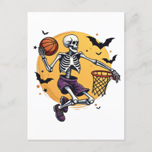 Cartão Postal De Convite Esqueleto Assustador Arremessando Basquete Cemitér
