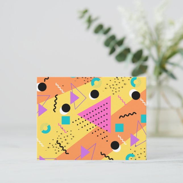 Cartão Postal De Convite Estilo Memphis Laranja Rosa Retro Formas dos Anos  (Em pé/Frente)