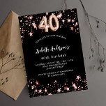 Cartão Postal De Convite estrelas aniversário de 40 anos preto rosa<br><div class="desc">Um fundo preto clássico,  decorado com estrelas douradas rosa. Personalize e adicione um nome e detalhes da parte. O número é escrito com um script de estilo de balão.</div>
