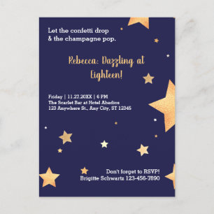 Cartão Postal De Convite Estrelas azuis reluzentes e anos deslumbrantes