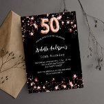 Cartão Postal De Convite Estrelas de ouro rosa preto de 50 anos<br><div class="desc">Um fundo preto clássico,  decorado com estrelas douradas rosa. Personalize e adicione um nome e detalhes da parte. O número é escrito com um script de estilo de balão.</div>