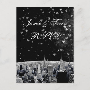 Cartão Postal De Convite Etched NYC Skyline #2 Preto Branco Coração RSVP 1