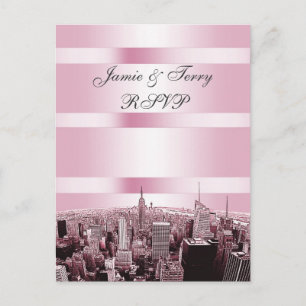 Cartão Postal De Convite Etched NYC Skyline 2 Preto Rosa RSVP 1