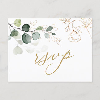 Cartão Postal De Convite Eucalyptus deixa Ouro Floral RSVP Casamento